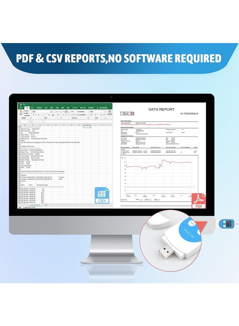 TZONE Temperature Humidity Data Logger with Probe,Digital Humidity Logger USB Temp Recorder 34560 Groups,Industrial Data Logger Thermometer with Auto PDF&CSV Report for Freezer Refrigerator RH Monitor - Image 3