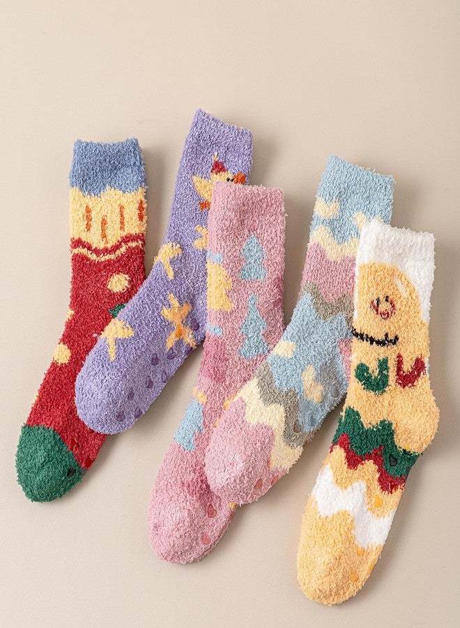 SKOLA Super Soft Cozy Winter Warm Slipper Socks Womens Anti Slip Grip Fuzzy Socks(Red/Purple/Pink/Blue/Yellow 5-Pairs) - Image 2