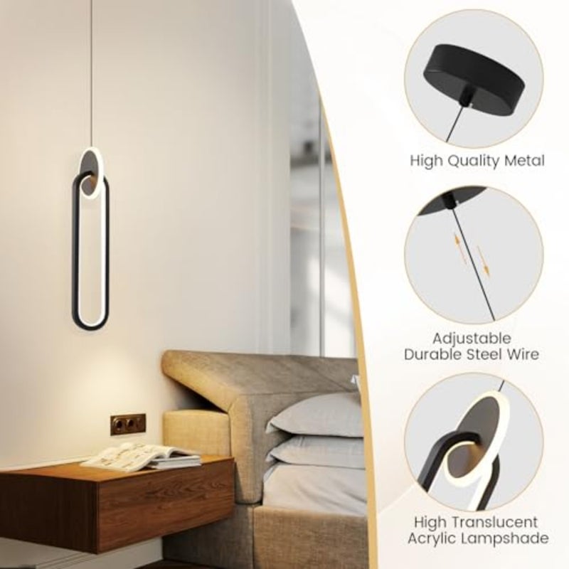 Modern LED pendant light for kitchen island, corridor, bedroom dining area: black oval fixture, adjustable height, 3-color dimmable 3000K-6000K,18W - Image 5