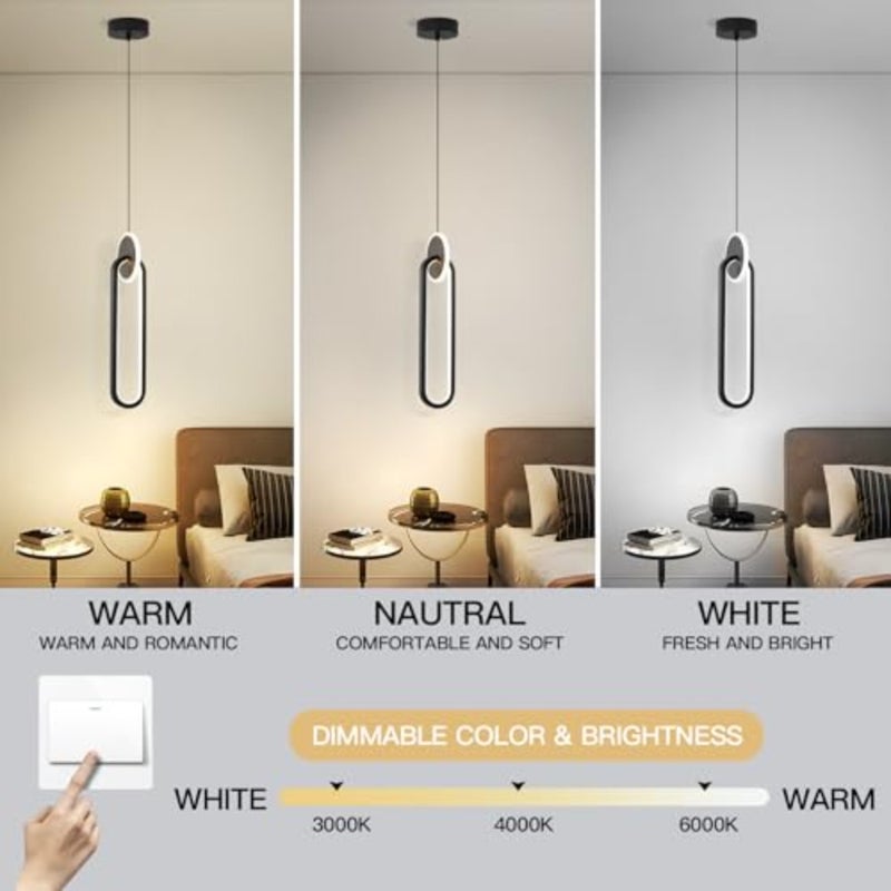 Modern LED pendant light for kitchen island, corridor, bedroom dining area: black oval fixture, adjustable height, 3-color dimmable 3000K-6000K,18W - Image 3