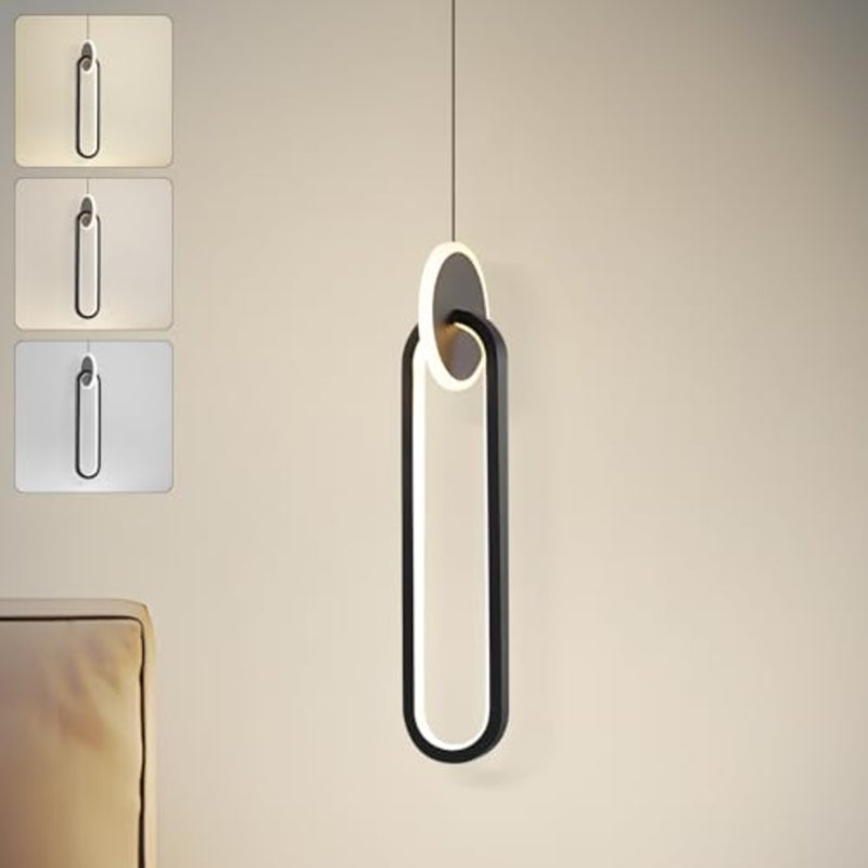 Modern LED pendant light for kitchen island, corridor, bedroom dining area: black oval fixture, adjustable height, 3-color dimmable 3000K-6000K,18W - Image 1
