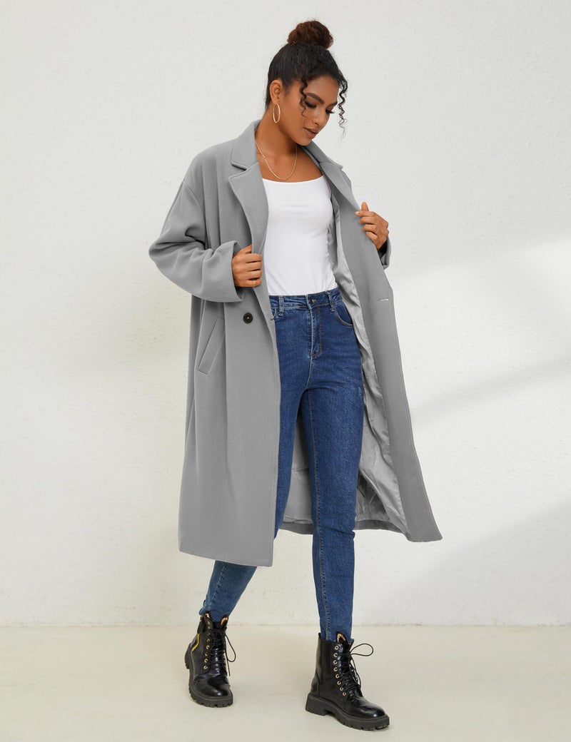 UANEO Women's Wool Blend Coat Oversized Double Breasted Long Trench Overcoat Winter (Grey-XXL) - Image 4