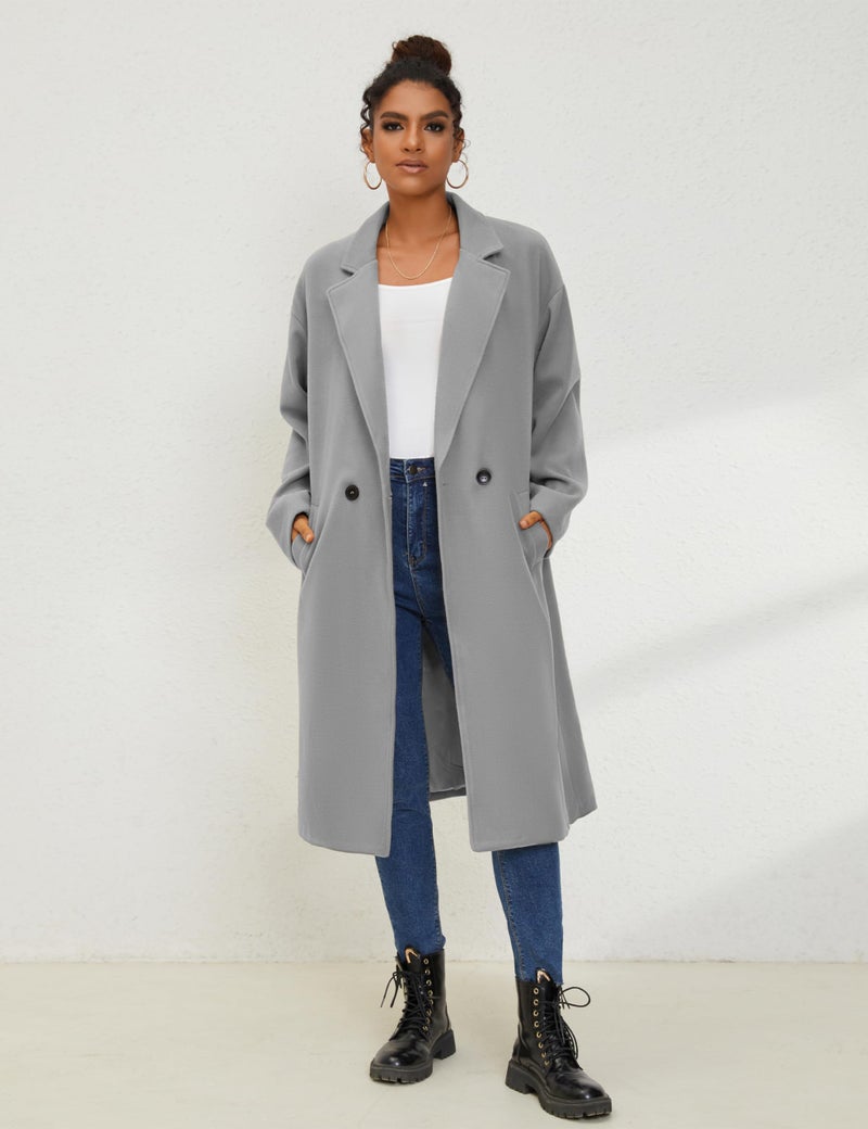UANEO Women's Wool Blend Coat Oversized Double Breasted Long Trench Overcoat Winter (Grey-XXL) - Image 3