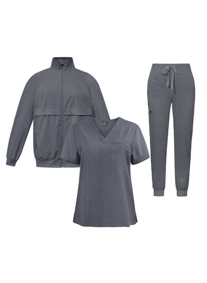 NIBEMINENT Female Loose Comfy V-neck Short Sleeved Top and Trousers and Coat Three Piece Workwear Solid Fall Winter Nurse Caring Clothes - Image 1