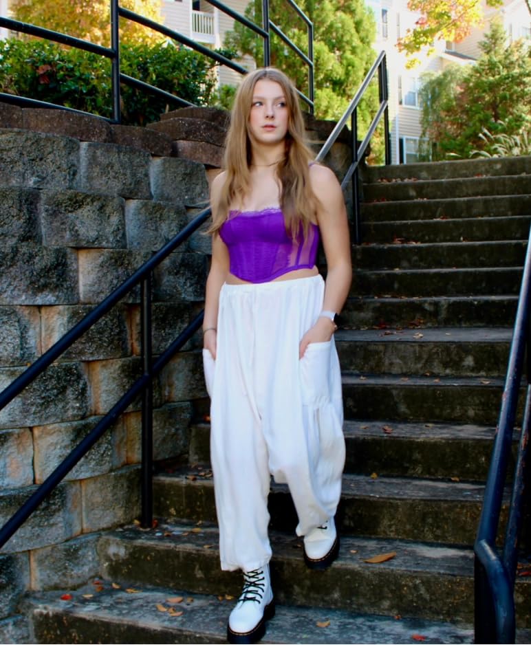 TARSE Womens Linen Wide Leg Pants Casual Loose Drawstring Low Waist Beach Palazzo Harem Pants with Pockets(White,S) - Image 3