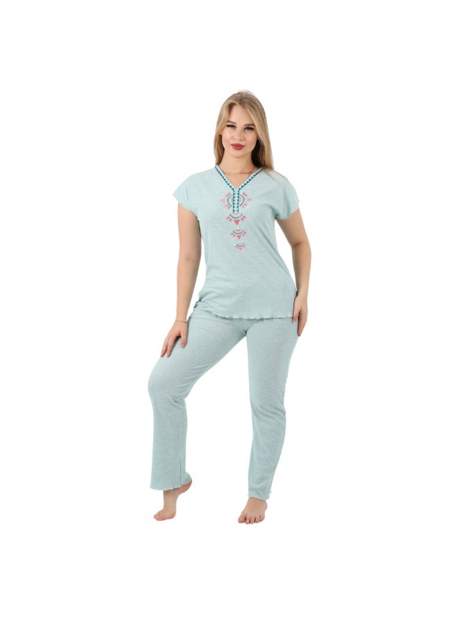 zecotex  Women's 2-Piece Ribbed Cotton Pajama Set - Short Sleeve Embroidered V-Neck Top & Pants - Mint Green