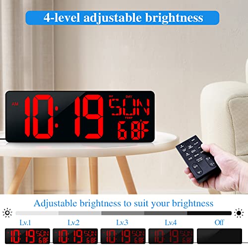 CYMHCHL ساعة حائط رقمية كبيرة مع جهاز تحكم عن بعد 17.2" شاشة LED كبيرة عرض مؤقت مع درجة حرارة وتاريخ وأسبوع وضبط تلقائي للتوقيت الصيفي سطوع قابل للتعديل، ساعة منبه حائط كبيرة لغرفة المعيشة والمكتب والمرآب والصالة الرياضية لكبار السن - Image 4