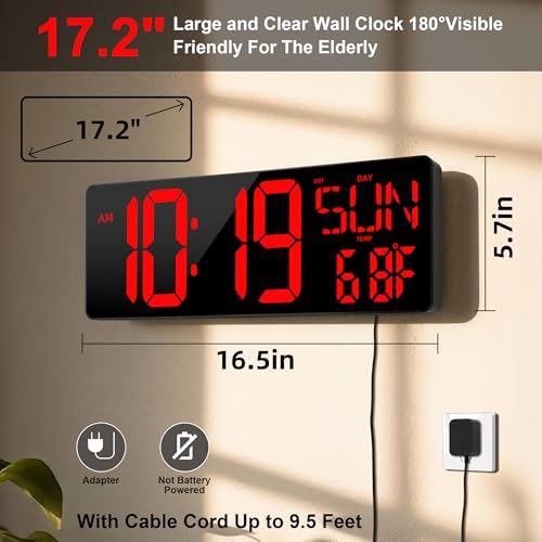 CYMHCHL ساعة حائط رقمية كبيرة مع جهاز تحكم عن بعد 17.2" شاشة LED كبيرة عرض مؤقت مع درجة حرارة وتاريخ وأسبوع وضبط تلقائي للتوقيت الصيفي سطوع قابل للتعديل، ساعة منبه حائط كبيرة لغرفة المعيشة والمكتب والمرآب والصالة الرياضية لكبار السن - Image 2