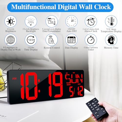 CYMHCHL ساعة حائط رقمية كبيرة مع جهاز تحكم عن بعد 17.2" شاشة LED كبيرة عرض مؤقت مع درجة حرارة وتاريخ وأسبوع وضبط تلقائي للتوقيت الصيفي سطوع قابل للتعديل، ساعة منبه حائط كبيرة لغرفة المعيشة والمكتب والمرآب والصالة الرياضية لكبار السن - Image 3