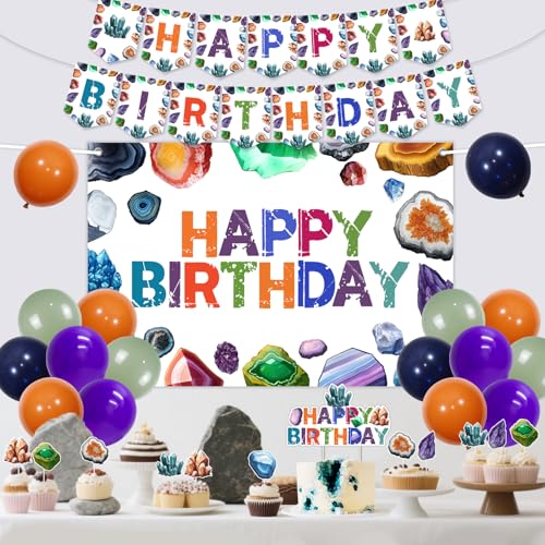 Balterever Geology Birthday Party Decoration Crystal Minerals Rocks Happy Birthday Banner Cake Cupcake Toppers Crystal Diamond Happy Bday Backdrop for Bday Baby Shower Decoration - Image 5