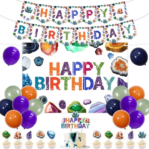 Balterever Geology Birthday Party Decoration Crystal Minerals Rocks Happy Birthday Banner Cake Cupcake Toppers Crystal Diamond Happy Bday Backdrop for Bday Baby Shower Decoration - Image 1