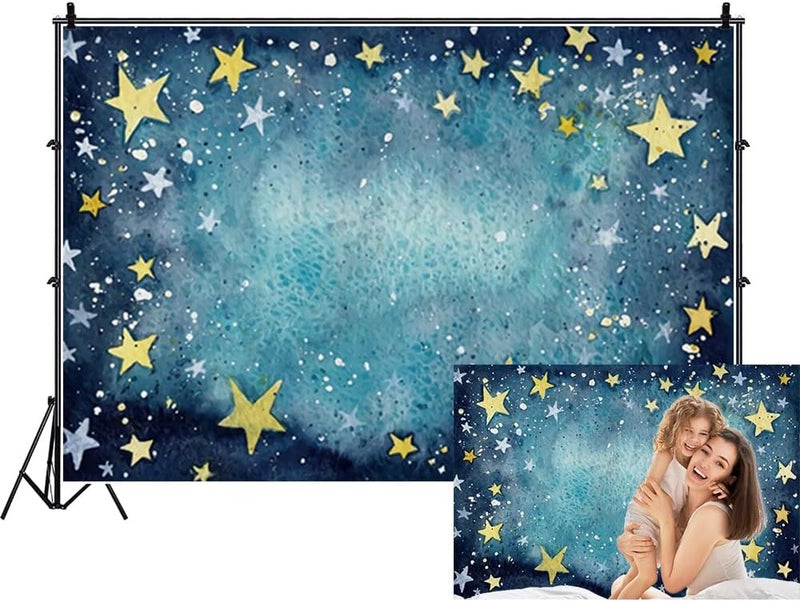 Renaiss خلفية حفلة استحمام الأطفال رينيس 7x5 قدم نجوم متلألئة زرقاء داكنة مع نجوم صفراء ومطر نيزكي فن تجريدي سماء مرصعة بالنجوم ديكور مسرح قديم لصور الأطفال - Image 1