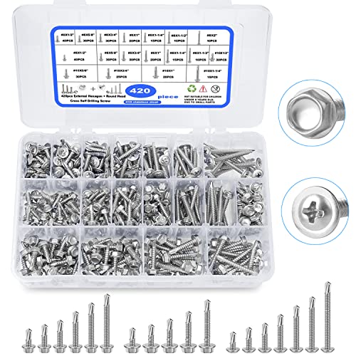 CGBOOM Self Drilling Screws, 420pcs Self Tapping Screws for Metal 410 Stainless Steel Sheet Metal Screws #8#10, CGBOOM Wafer Head&Washer TEK Head Screws for Building and Repair - Image 1