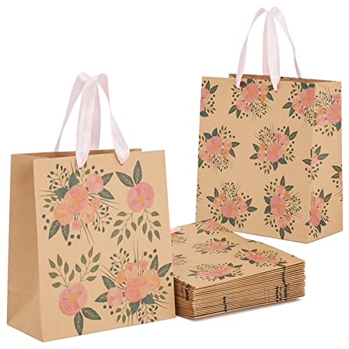 Juvale Floral Gift Bags - 8 x 4 x 9 in - Pink Ribbon Handles - Durable Paper with Reinforced Bottom - For Party Favors & Return Gift Bags - Image 1