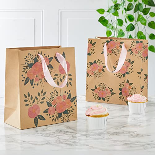 Juvale Floral Gift Bags - 8 x 4 x 9 in - Pink Ribbon Handles - Durable Paper with Reinforced Bottom - For Party Favors & Return Gift Bags - Image 3