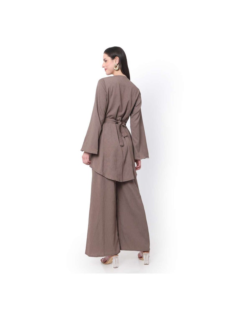 HANA & SARA - MODEST TWO PIECE DRESS WITH SCARF AND BELT SOLID COLOUR ARABIC KAFTAN JALABIYA DRESS - Image 1