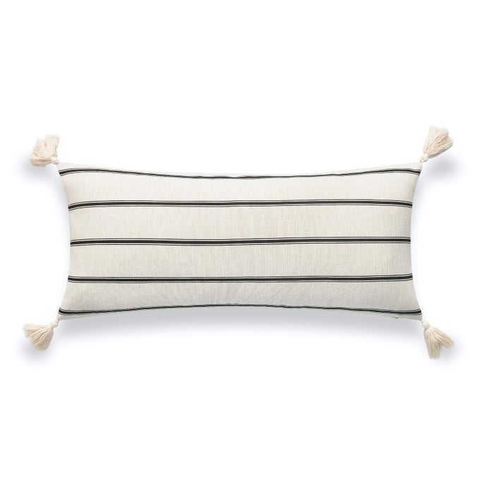 MODERN BOHO MOROCCAN INDOOR OUTDOOR LONG LUMBAR PILLOW COVER ONLY FOR BED BACKYARD COUCH SOFA NEUTRAL BEIGE STRIPE TASSELS 12X26