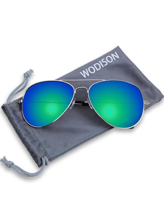 WODISON Classic Kids Aviator Sunglasses Reflective Metal Frame Children Eyeglass Silver Frame Blue Mix Green Lens - Image 2