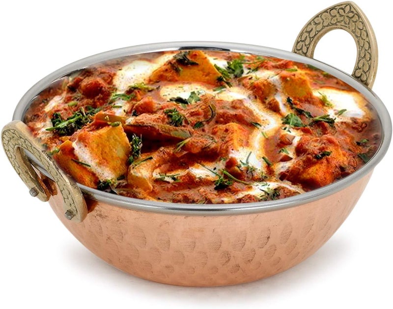 AVS STORES ® Set of 4, Indian Copper Serveware Karahi Vegetable Dinner Bowl with Solid Brass Handle for Indian Food, Diameter- 13 cm (5.2 Inches), Silver - Image 5