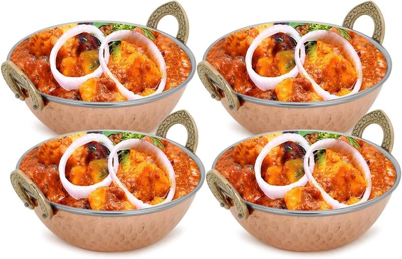 AVS STORES ® Set of 4, Indian Copper Serveware Karahi Vegetable Dinner Bowl with Solid Brass Handle for Indian Food, Diameter- 13 cm (5.2 Inches), Silver - Image 2