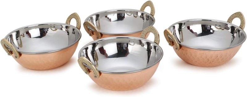 AVS STORES ® Set of 4, Indian Copper Serveware Karahi Vegetable Dinner Bowl with Solid Brass Handle for Indian Food, Diameter- 13 cm (5.2 Inches), Silver - Image 1