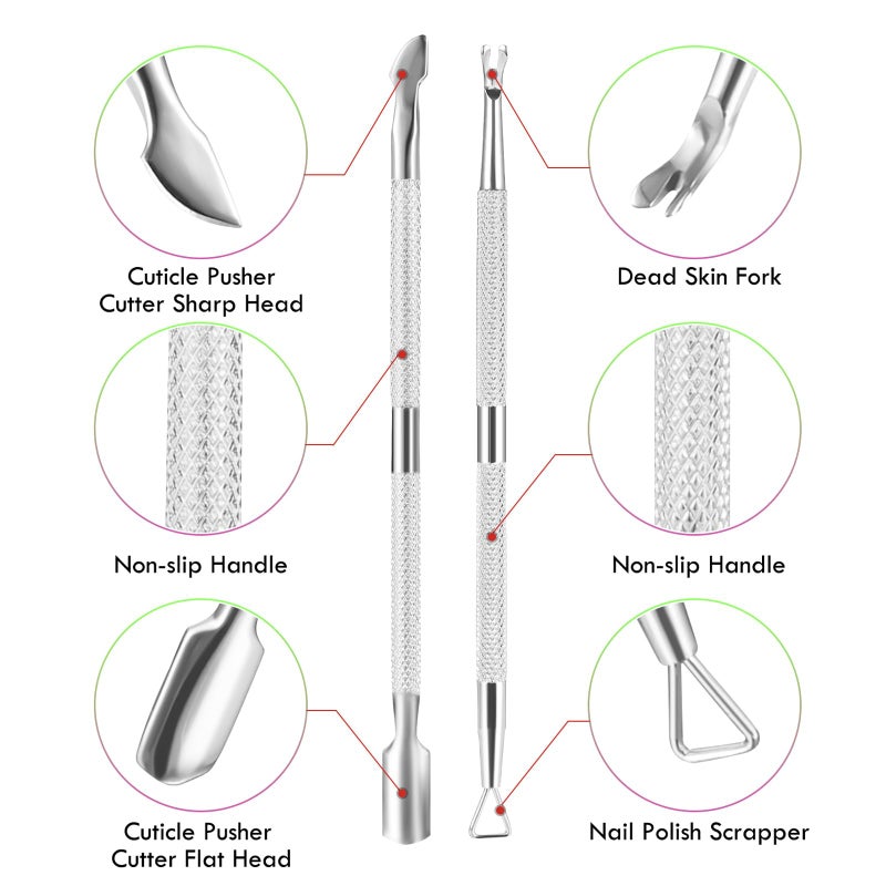 XUNXMAS 2PCS Cuticle Pusher and Cutter Remover, Xunxmas Salon Nail Scraper for Gel Polish, Stainless Steel Manicure and Pedicure Cleaner Tool for Fingernail and Toenail (Silver) - Image 2