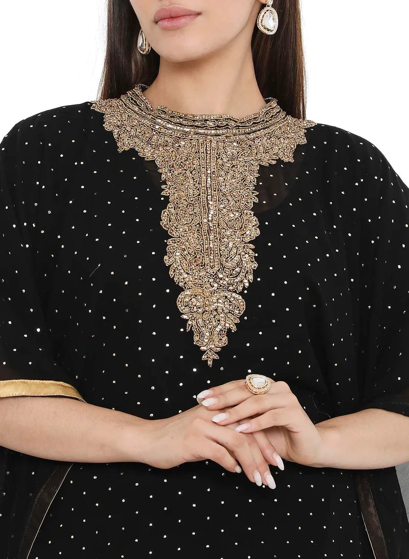 هانا آند سارا ELEGANT GOLD STONE HAND BEADING STYLISH SHINY CHIFFON ARABIC KAFTAN JALABIYA DRESS
