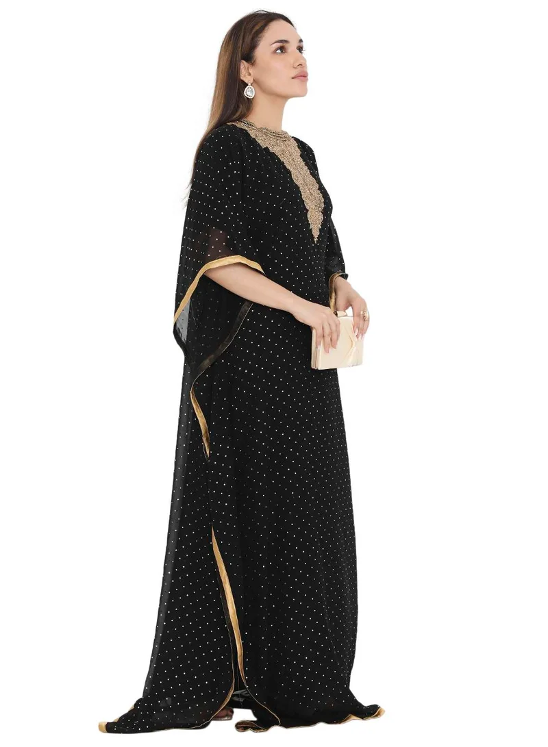 هانا آند سارا ELEGANT GOLD STONE HAND BEADING STYLISH SHINY CHIFFON ARABIC KAFTAN JALABIYA DRESS