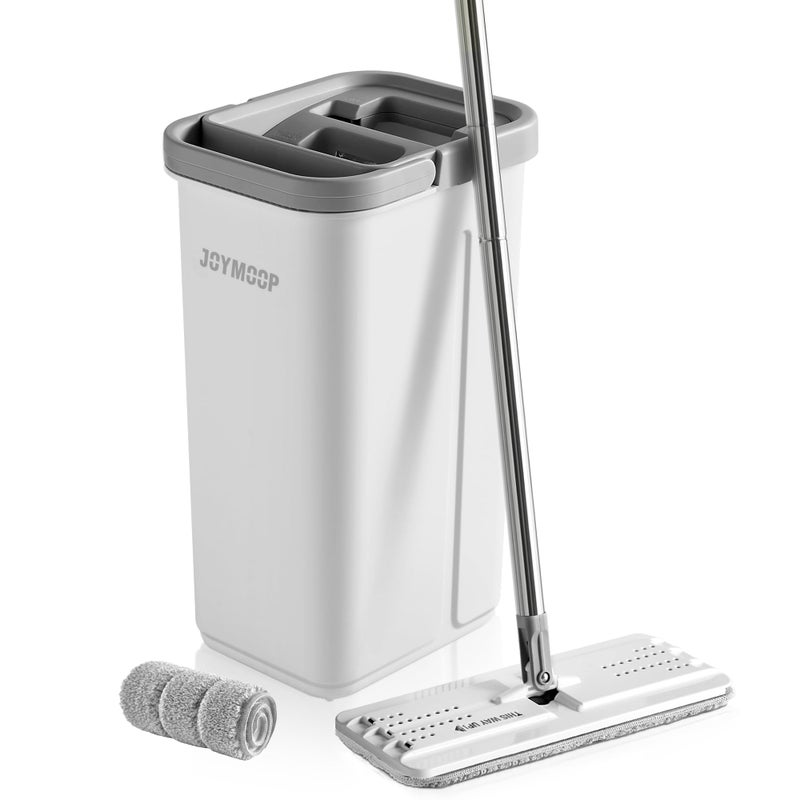 JOYMOOP Mop and Bucket with Wringer Set, White Flat Squeeze Mop Bucket Set for Floor Cleaning, Wet Dry Mop for Walls, Wall Cleaner with Long Handle, Hardwood Floor Mop-5 Microfiber Cloths - Image 1