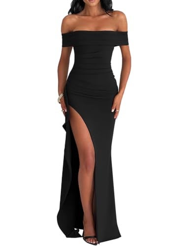 LAGSHIAN Women's Elegant Bodycon Off Shoulder Sleeveless High Split Ruched Long Formal Evening Dress Black - Image 1