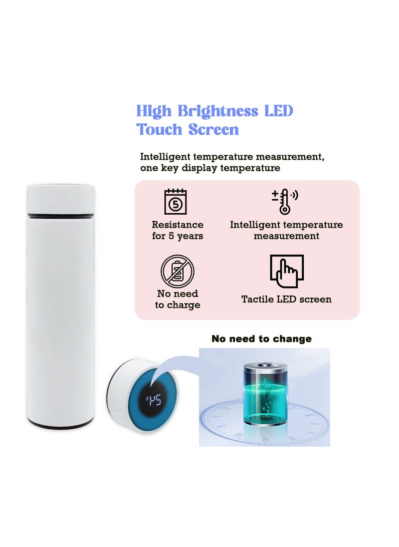 برايت هوم - زجاجة مياه معزولة بالتفريغ من برايت هوم (500 مل) مع شاشة LED لدرجة الحرارة مقاومة للتسرب، ساخنة وباردة لمدة 12 ساعة، ترمس مثالي لحملة السفر (أبيض) - Image 1