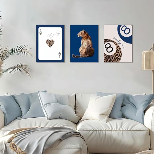 ZeeYiFyn Navy Blue Leopard Canvas Wall Art Set of 3 Cheetah Animal Prints Posters Wall decor Trendy 8 Ball Lucky Me Pictures Aesthetics Artwork for Dormitory Apartment Bedroom Decoration 12x16 Inch Framed - Image 4