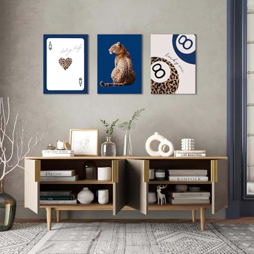 ZeeYiFyn Navy Blue Leopard Canvas Wall Art Set of 3 Cheetah Animal Prints Posters Wall decor Trendy 8 Ball Lucky Me Pictures Aesthetics Artwork for Dormitory Apartment Bedroom Decoration 12x16 Inch Framed - Image 3