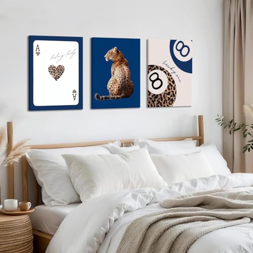 ZeeYiFyn Navy Blue Leopard Canvas Wall Art Set of 3 Cheetah Animal Prints Posters Wall decor Trendy 8 Ball Lucky Me Pictures Aesthetics Artwork for Dormitory Apartment Bedroom Decoration 12x16 Inch Framed - Image 2