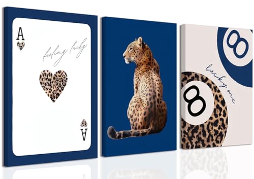 ZeeYiFyn Navy Blue Leopard Canvas Wall Art Set of 3 Cheetah Animal Prints Posters Wall decor Trendy 8 Ball Lucky Me Pictures Aesthetics Artwork for Dormitory Apartment Bedroom Decoration 12x16 Inch Framed - Image 1