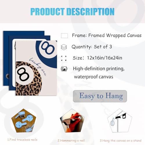 ZeeYiFyn Navy Blue Leopard Canvas Wall Art Set of 3 Cheetah Animal Prints Posters Wall decor Trendy 8 Ball Lucky Me Pictures Aesthetics Artwork for Dormitory Apartment Bedroom Decoration 12x16 Inch Framed - Image 5