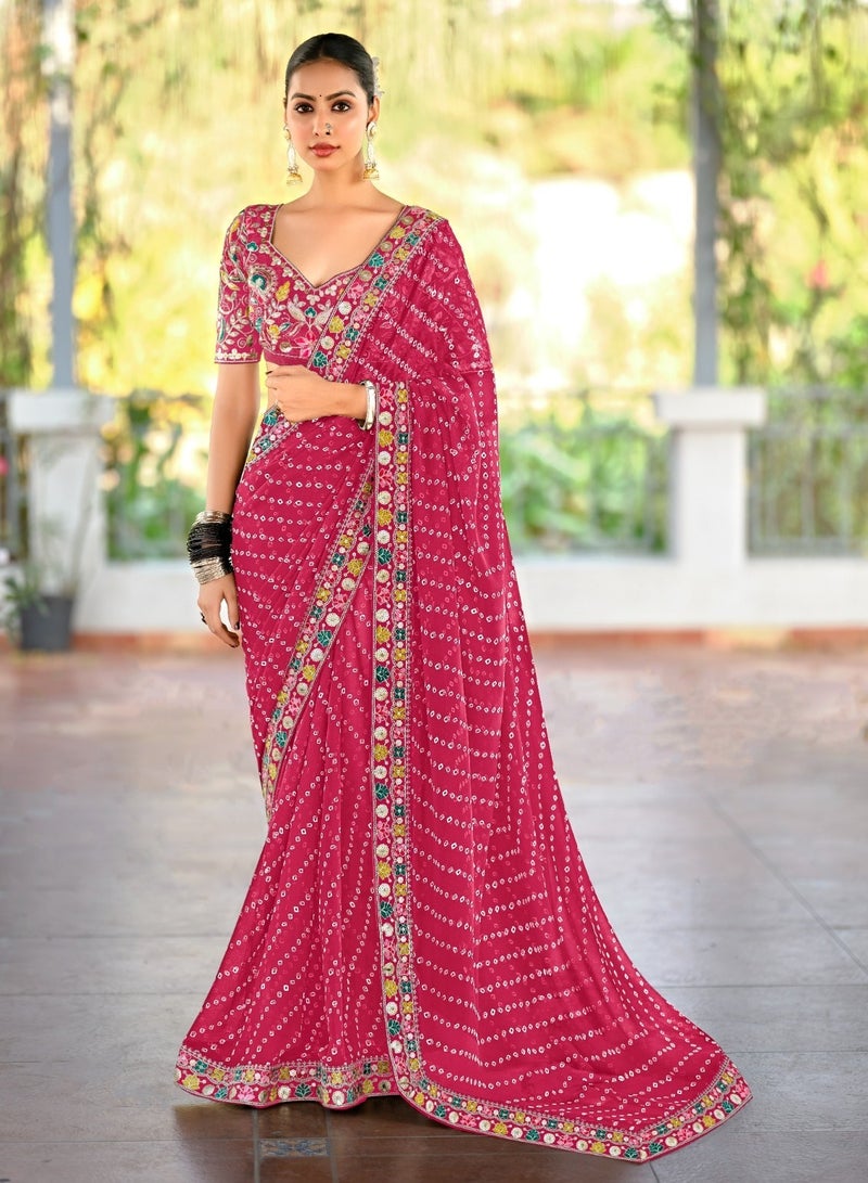 جــرابــمـــا نــتــرا   ساري جورجيت مطبوع باللون الوردي مع دانتيل فاخر في جميع أنحاءه بالإضافة إلى بلوزة مطرزة بالكامل بدون خياطة - Image 2