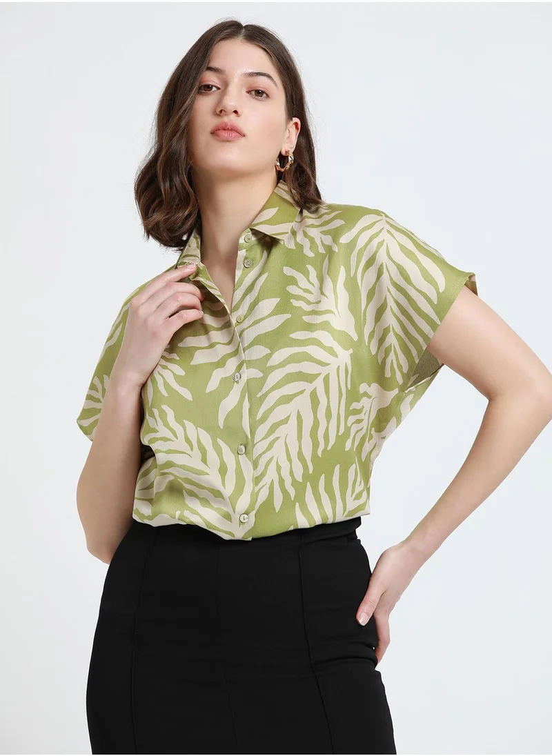 دينيس لينغو Light Olive Relaxed Fit Printed Shirt for Women - Poly Satin Crepe, Half Sleeves, Spread Collar, Casual, Wash