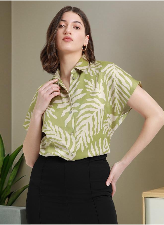 Dennis Lingo - Light Olive Relaxed Fit Printed Shirt for Women - Poly Satin Crepe, Half Sleeves, Spread Collar, Casual, Wash - Image 1