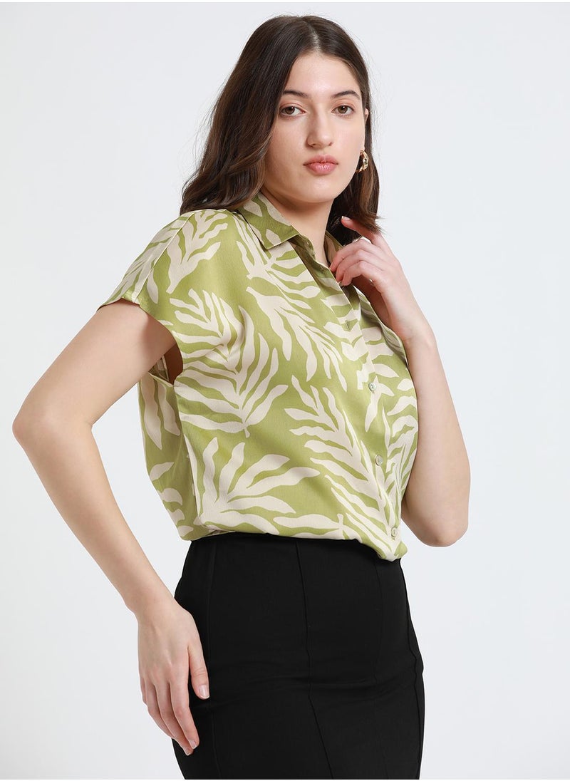 Dennis Lingo - Light Olive Relaxed Fit Printed Shirt for Women - Poly Satin Crepe, Half Sleeves, Spread Collar, Casual, Wash - Image 1
