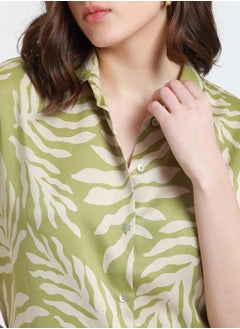 Dennis Lingo Light Olive Relaxed Fit Printed Shirt for Women - Poly Satin Crepe, Half Sleeves, Spread Collar, Casual, Wash  - Image 4