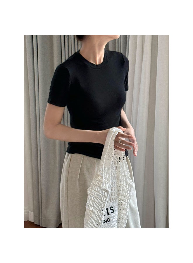 Lou Fu Summer Korean Style Fashionable Wool Slim-fit Short-sleeved T-shirt Soft Waxy Breathable Thin Figure Flattering Top For Women