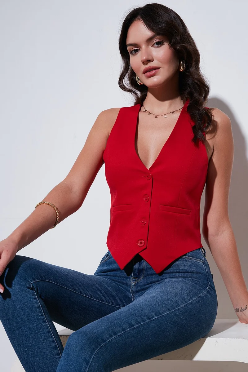 Lela Fitted Fit Buttoned V Neck Buttoned Vest Women's Vest 6696796