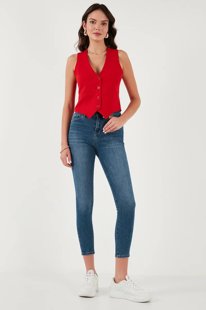 Lela Fitted Fit Buttoned V Neck Buttoned Vest Women's Vest 6696796