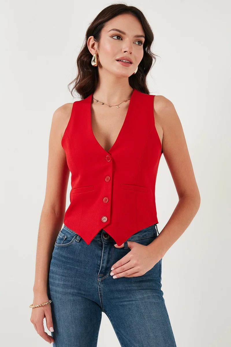 Lela Fitted Fit Buttoned V Neck Buttoned Vest Women's Vest 6696796