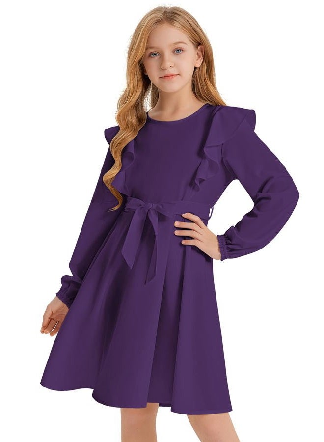 Quedoris Girls Ruffle Trim Long Sleeve Belted Dress with Zipper Dark Purple Fall 150Y, Dark Purple Fall, 11-12 Years - Image 1