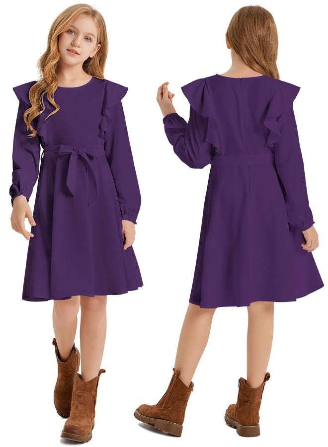 Quedoris Girls Ruffle Trim Long Sleeve Belted Dress with Zipper Dark Purple Fall 150Y, Dark Purple Fall, 11-12 Years - Image 4
