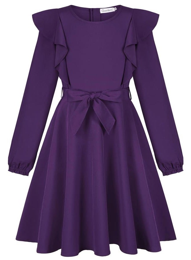 Quedoris Girls Ruffle Trim Long Sleeve Belted Dress with Zipper Dark Purple Fall 150Y, Dark Purple Fall, 11-12 Years - Image 3