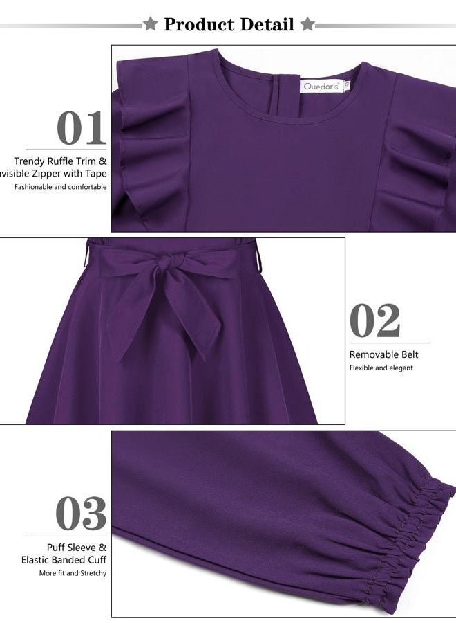 Quedoris Girls Ruffle Trim Long Sleeve Belted Dress with Zipper Dark Purple Fall 150Y, Dark Purple Fall, 11-12 Years - Image 5