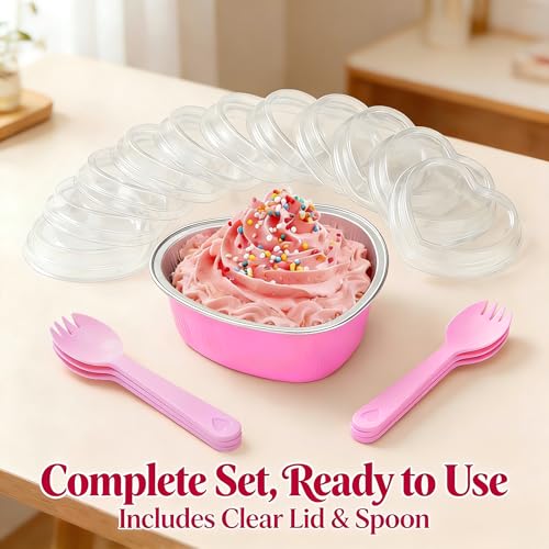 STN Mini Heart Shaped Cake Pans 100 ml/ 3.4 Ounces Heart Aluminum Foil Cupcake Pans 50pcs Valentine's Day Baking Cups With Lids Spoon for Valentine Mother's Day Birthday Wedding (Pink) - Image 5